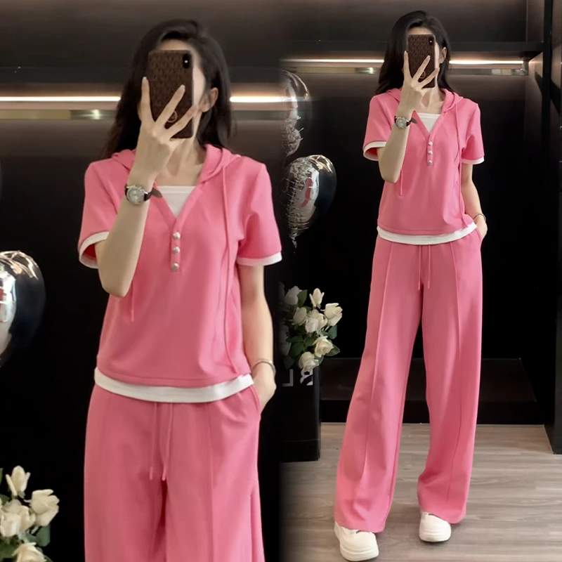 休闲简约小众设计感运动服套装女2025夏季新款上衣高腰长裤两件套