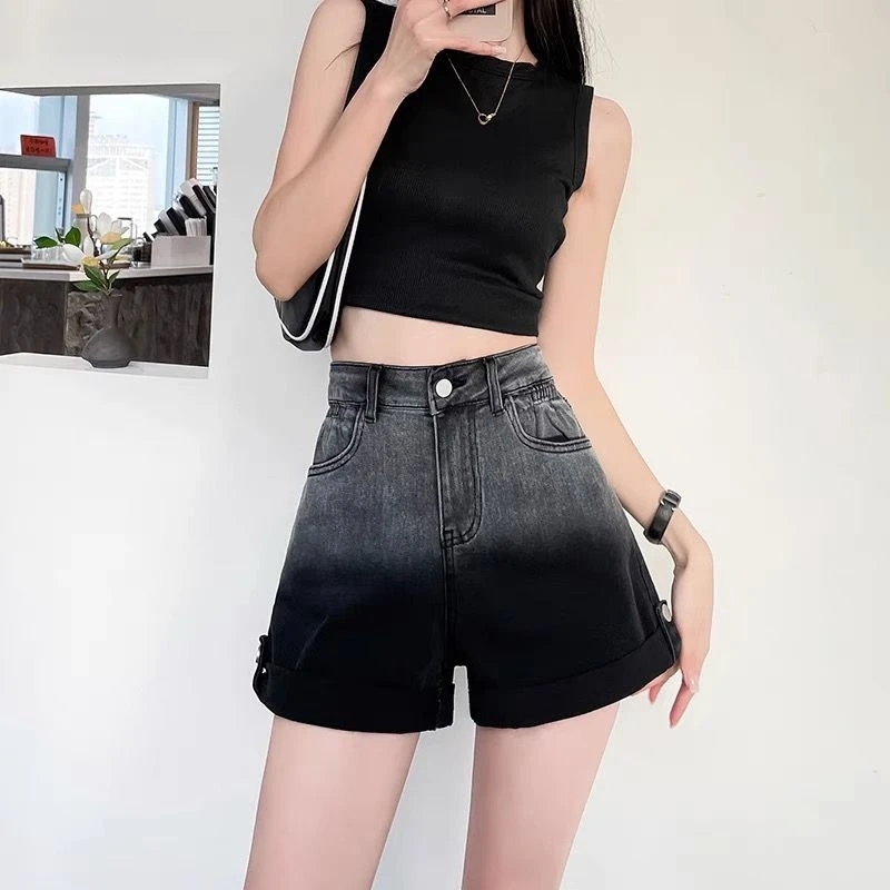 渐变黑色牛仔短裤女2025夏季新款薄款高腰宽松显瘦阔腿热裤子ins