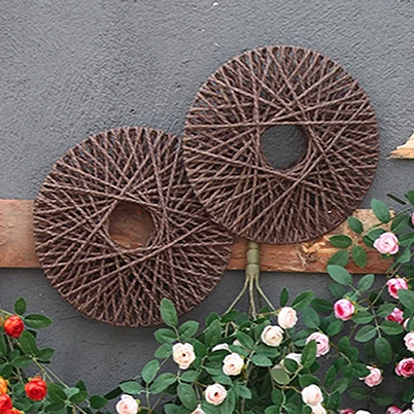 仿真花瓶花盆飞盘壁挂铁艺花篮藤编壁挂花器装饰假花草编藤编花艺