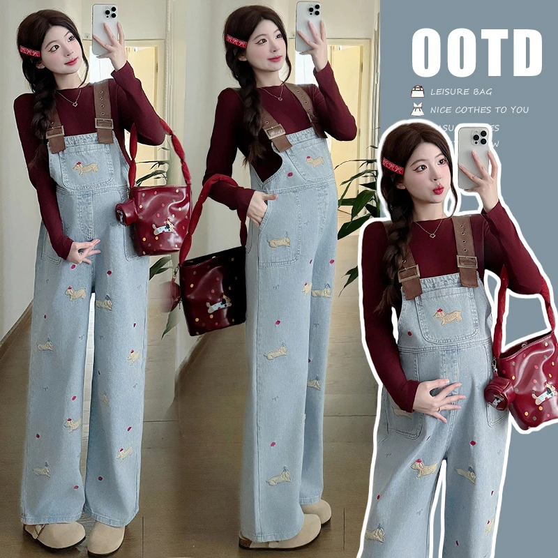 孕妇装2025年春季新款小众设计感腊肠狗刺绣牛仔背带裤+百搭长袖