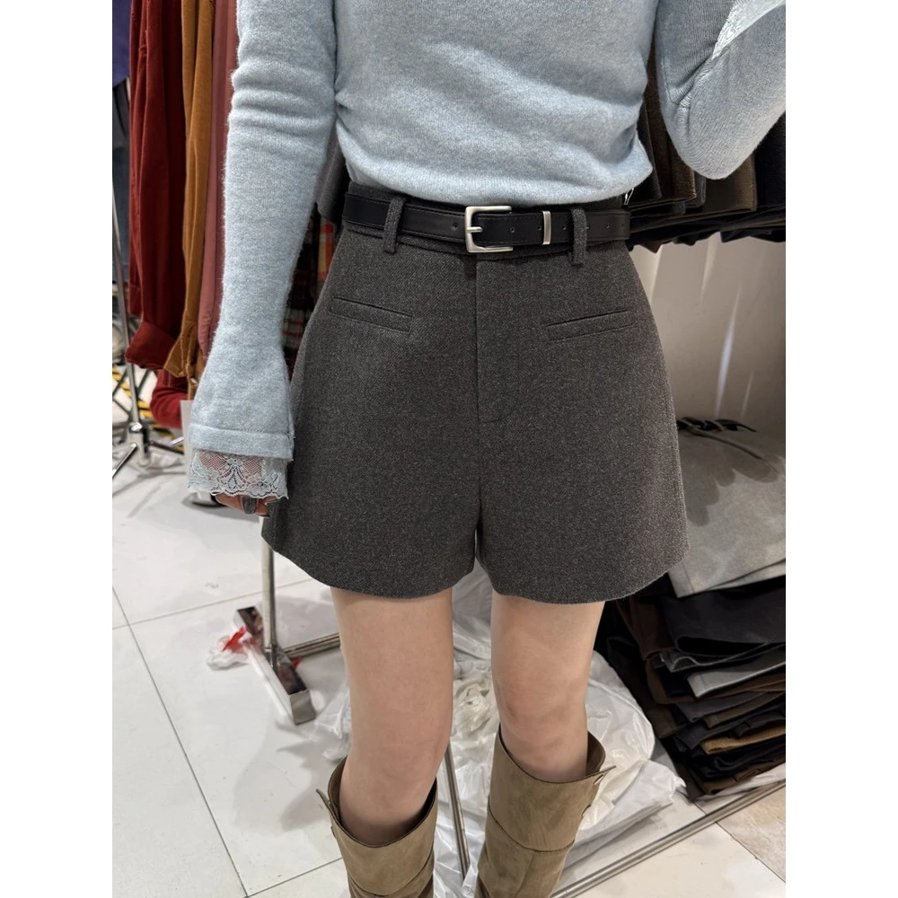 灰色毛呢短裤秋冬款女a字高腰百搭外穿小个子五分显瘦休闲靴裤ins