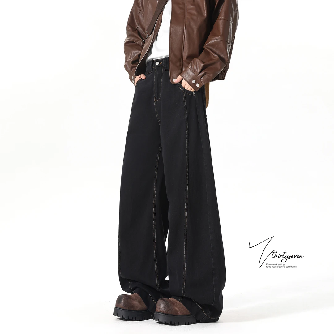 V37美式丹宁黑水弯牛仔裤男秋潮牌街头cleanfit明线直筒裤子