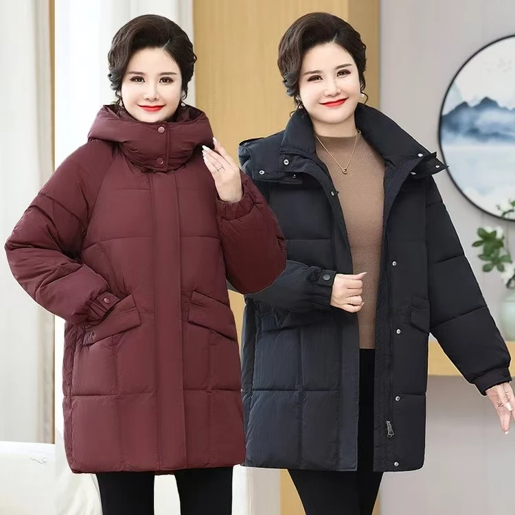 大码中长款宽松加厚中老年秋冬连帽时尚休闲百搭棉衣气质