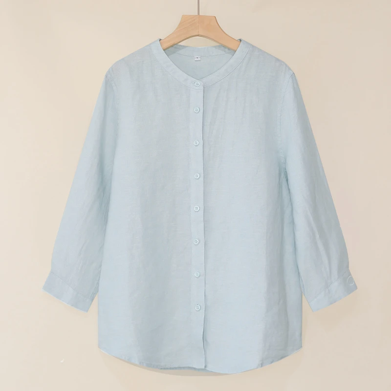 【微风蓝】纯色百搭纯夏季亚麻7分袖衬衫女休闲宽松透气单排扣上衣