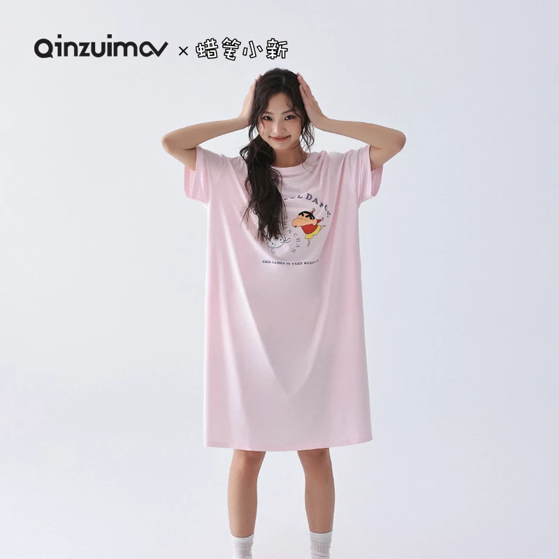 亲嘴猫【蜡笔小新】柔软型莫代尔棉睡衣睡裙女生夏季宽松短袖家居服