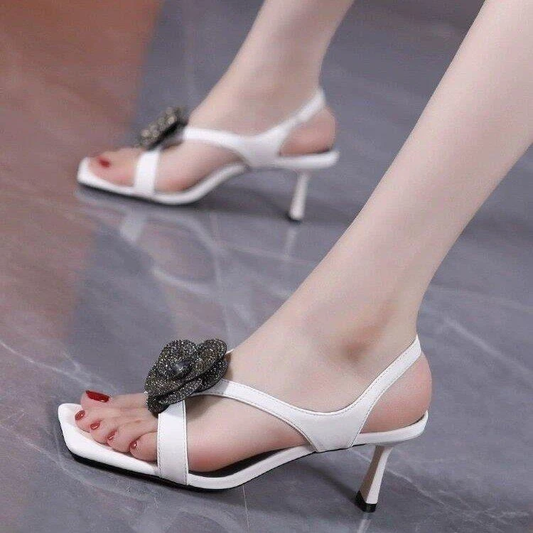 SIE FOAD凉鞋女性感水钻蝴花朵外穿新款气质细跟一脚蹬露趾高跟鞋