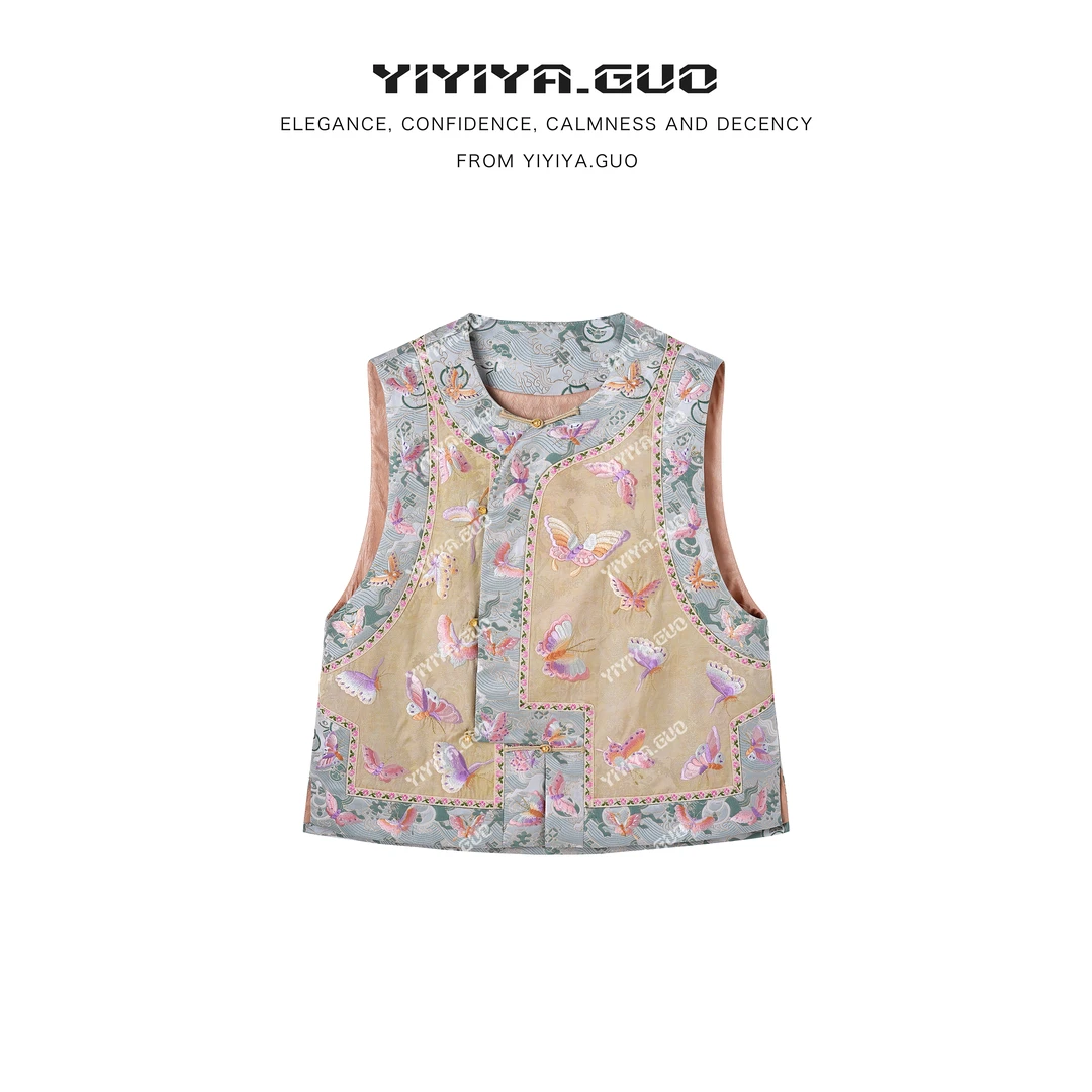 yiyiya.Guo艺艺吖【自由彩蝶】圆领斜襟盘扣刺绣马甲120108SS52
