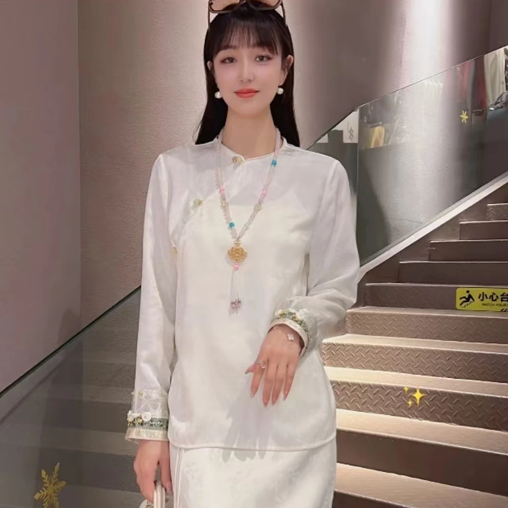 《晓君定制》3892《白玉》气质斜襟新中式国风复古春季长袖衬衫