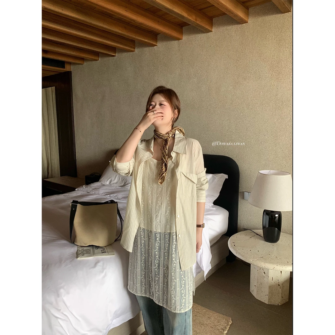 现货大婉酱微胖定制欧若风条纹衬衫女春季穿搭韩系长袖上衣 7623D