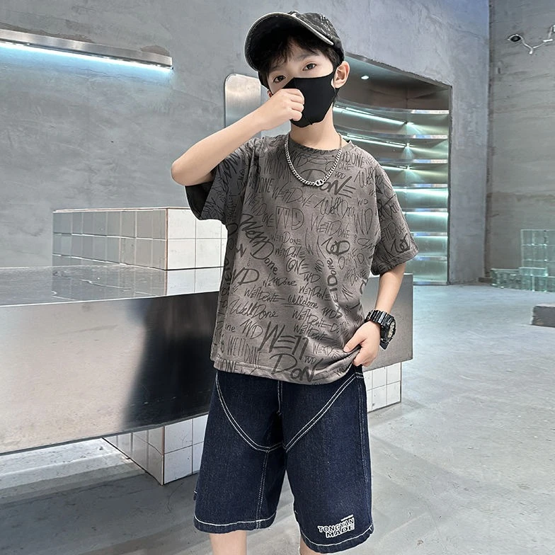 夏季新款男童休闲纯棉字母印花宽松短袖T恤上衣洋气潮宝宝衣服