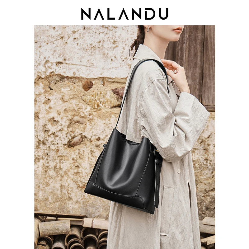 纳兰杜拉链做旧女士纯色水桶包单肩包小包包时尚肩包0998