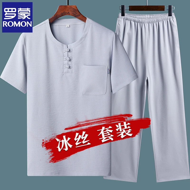 罗蒙中老年唐装爸爸夏装中国风夏季薄款套装中年男士休闲短袖汉服