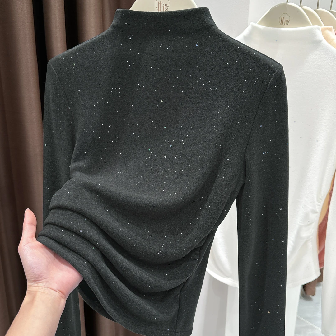 灰色澳绒保暖内搭显瘦T恤女秋冬新款收腰显身材设计感长袖打底衫