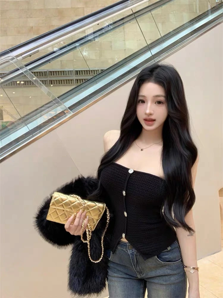 春季修身纯欲风针织裹胸短款性感无袖抹胸美背