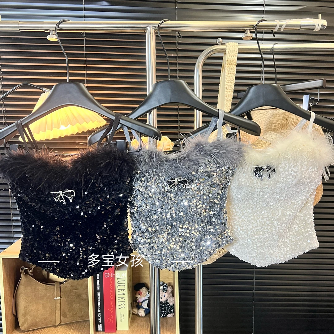 【多宝】新款纯欲辣妹风短款修身亮片拼接吊带背心内搭上衣5211