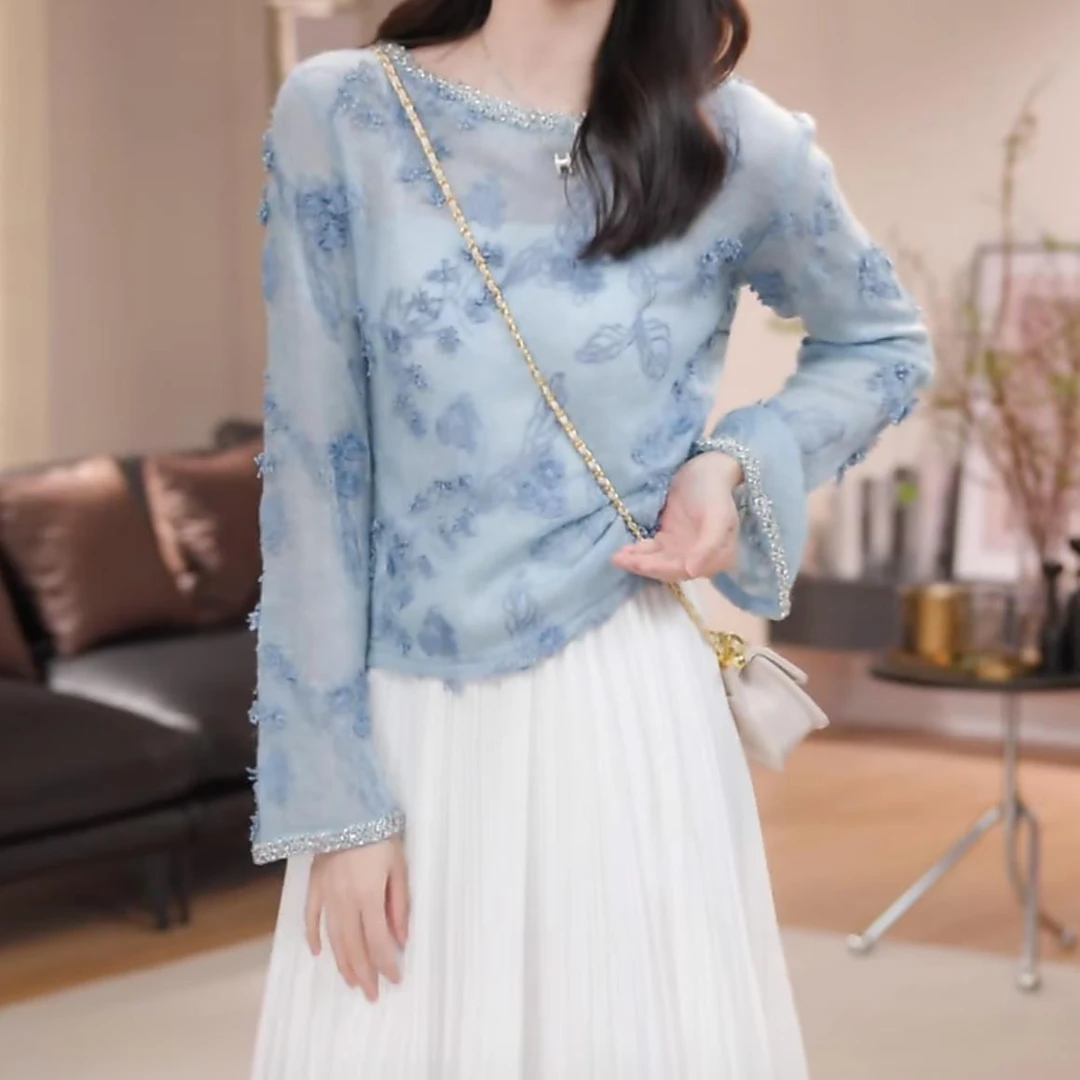 纯欲风镶钻时尚套装女2025秋冬新款修身长袖上衣搭配半身裙两件套