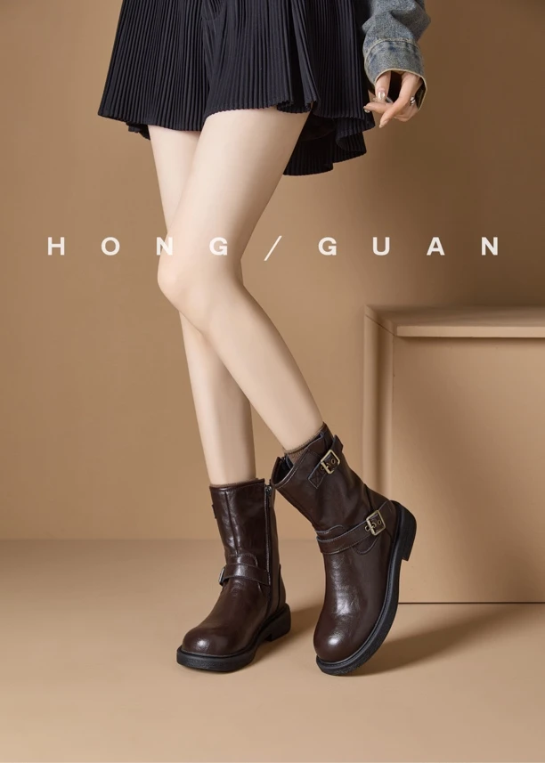 断码甩~圆头透气女时尚黑色中筒单靴瘦瘦靴筒靴靴子107-2