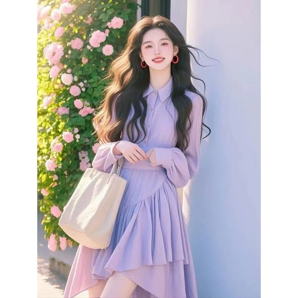 SS217女装miu里miu气穿搭高级感气质洋气百搭紫色衬衫连衣裙
