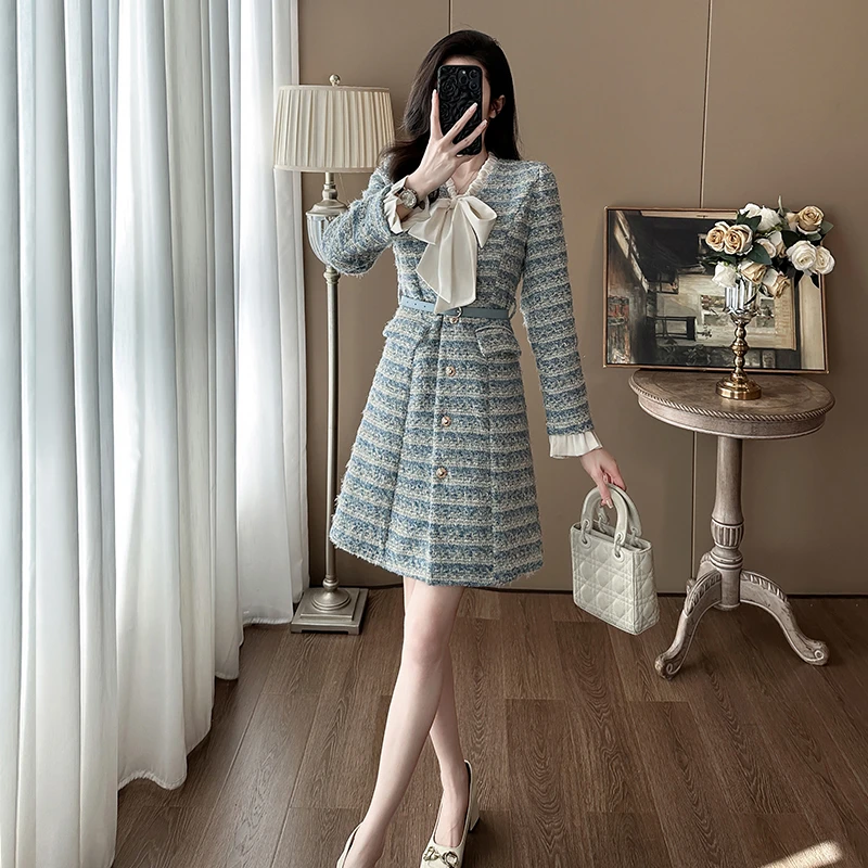 法式名媛高级感裙子女秋冬设计感富家千金风气质收腰小香风连衣裙