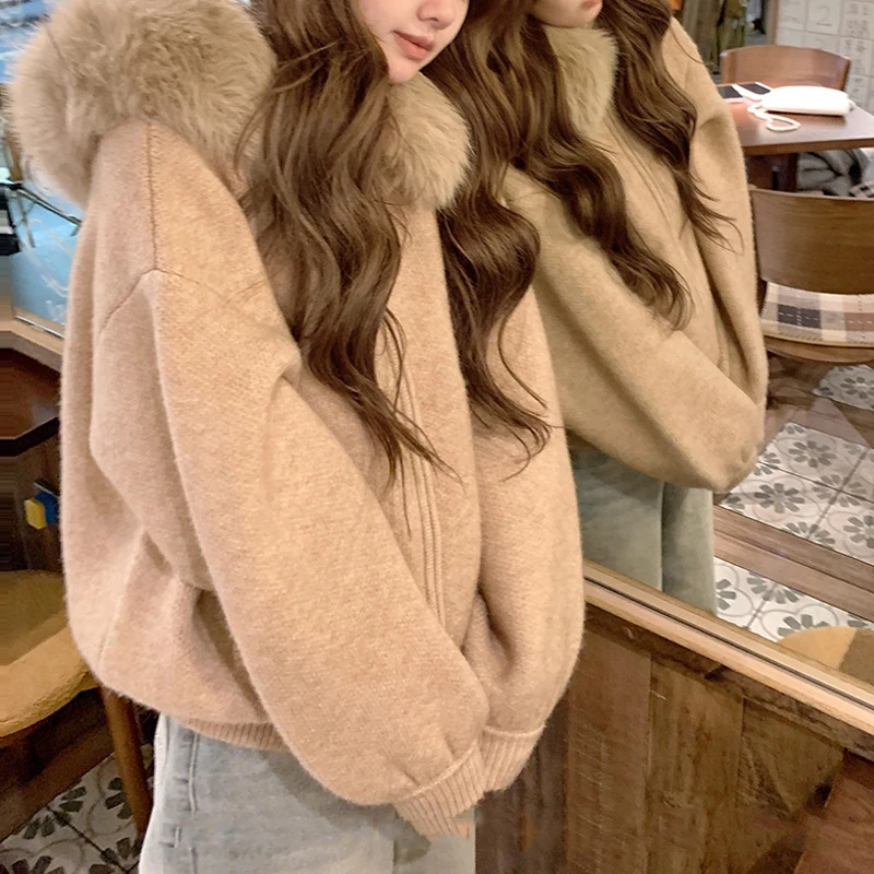 【大毛领毛衣】针织开衫外套女秋冬宽松显瘦软糯针织衫2025新款连帽