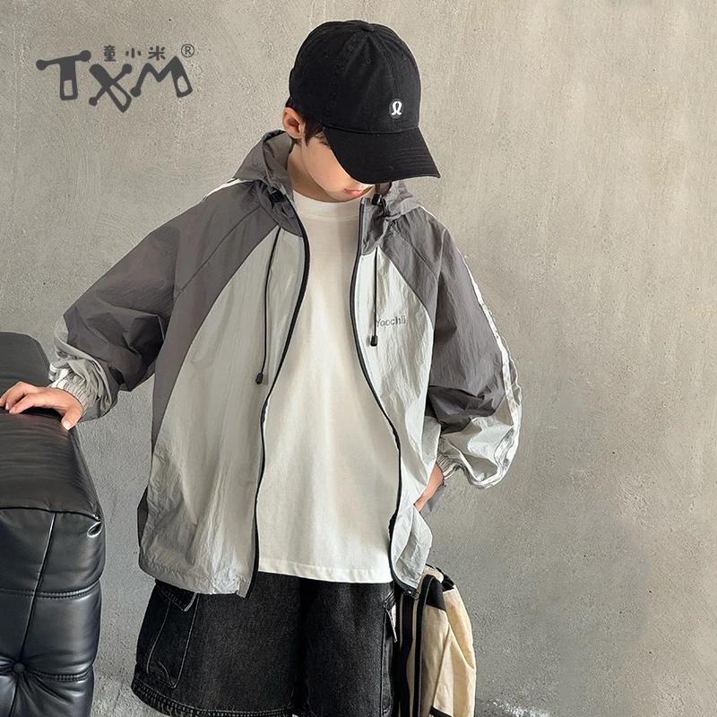 儿童连帽外套夏季男童防晒衣中大童夏装防晒服儿童皮肤衣拼接款潮