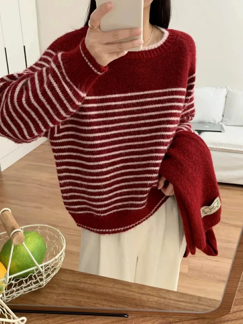 Y.M | 广岛之恋 森系软糯糯条纹+围巾休闲百搭毛衣4147