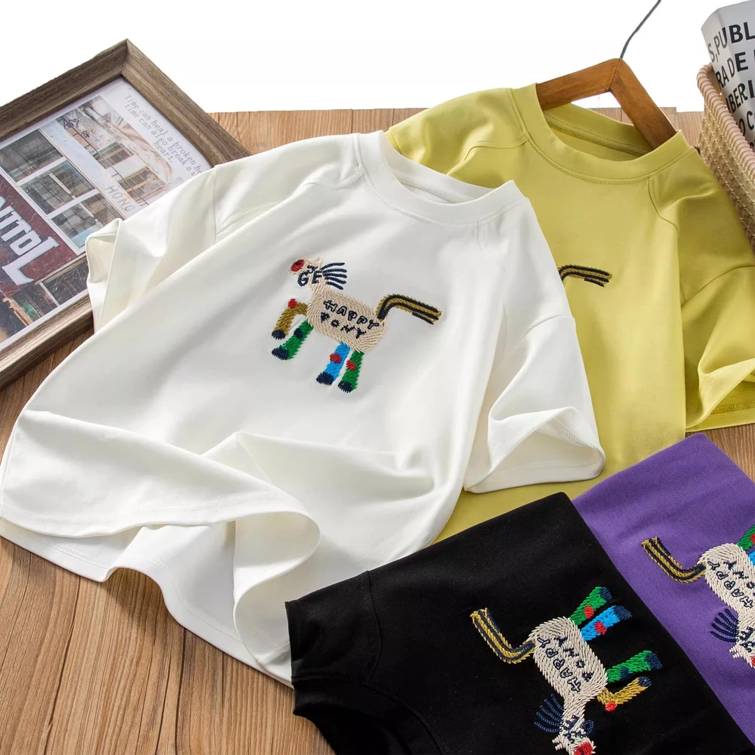 儿童夏季洋气刺绣小马圆领T恤2025中大童百搭休闲短袖透气运动潮