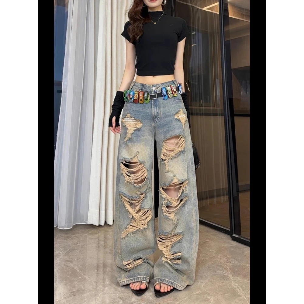 直筒裤子爆款废土风宽松显瘦破洞印花年夏季新款痞帅复古阔腿长裤