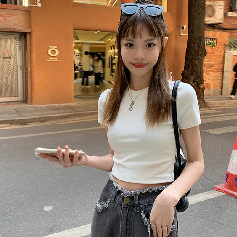 白色棉t恤女短袖内搭夏装辣妹短款修身显瘦正肩体恤上衣2025高腰