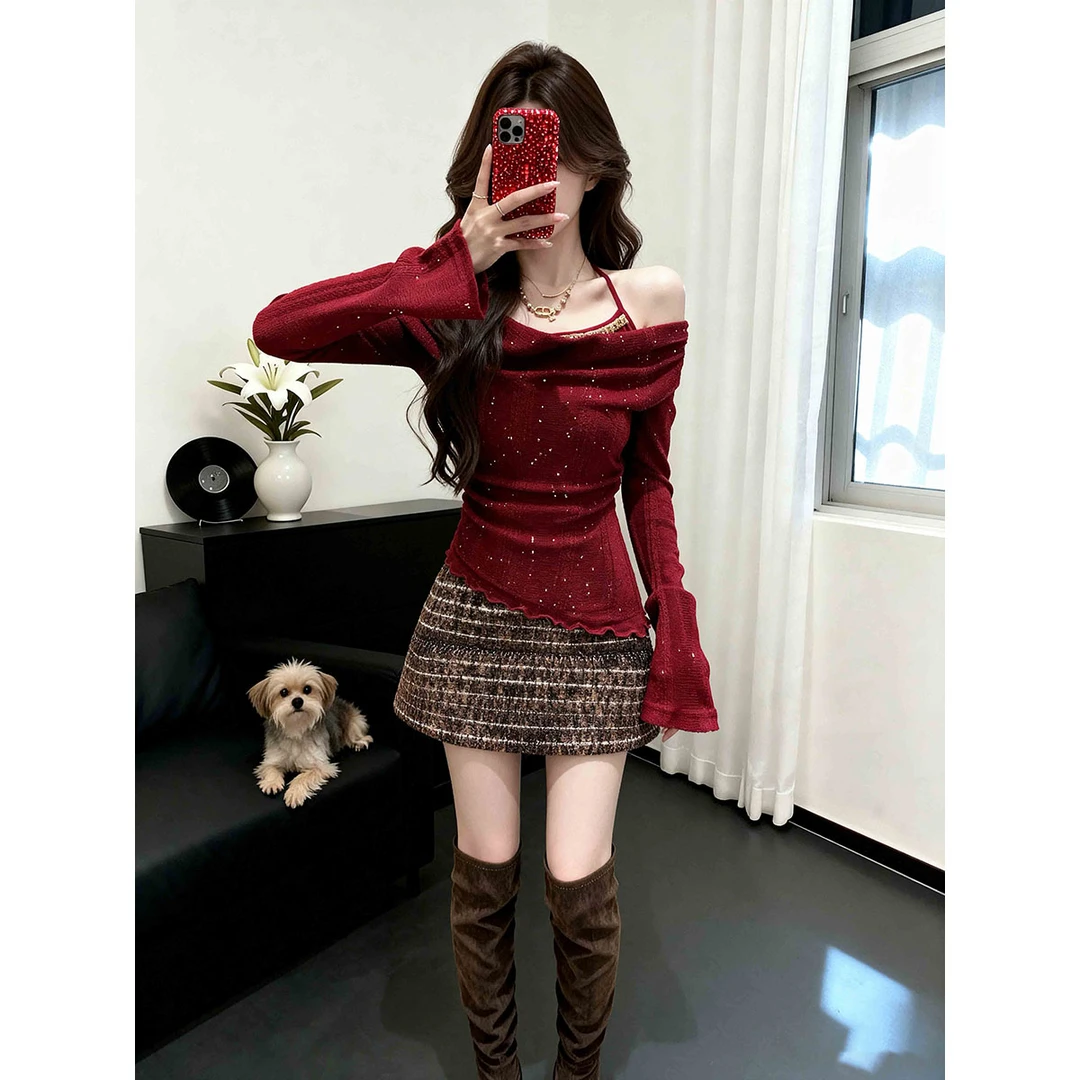 圣诞辣妹风烫钻荡领假两件修身长袖针织衫上衣女高腰包臀短裙套装