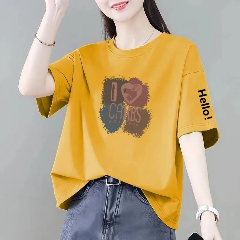 100%纯棉圆领短袖t恤女韩版宽松休闲百搭大码胖妹妹洋气减龄上衣