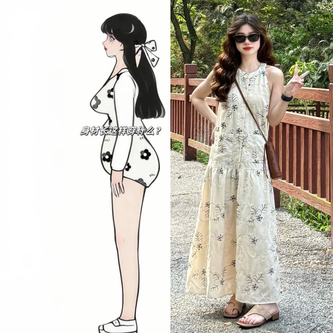 法式茶歇温柔风刺绣碎花无袖挂脖连衣裙女夏季新款气质显瘦长裙子