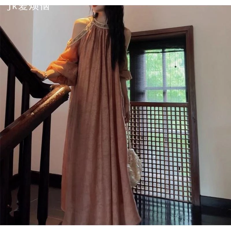 LACAH三吉黑花 露肩花边连衣裙子女夏季新款新中式长裙显瘦潮