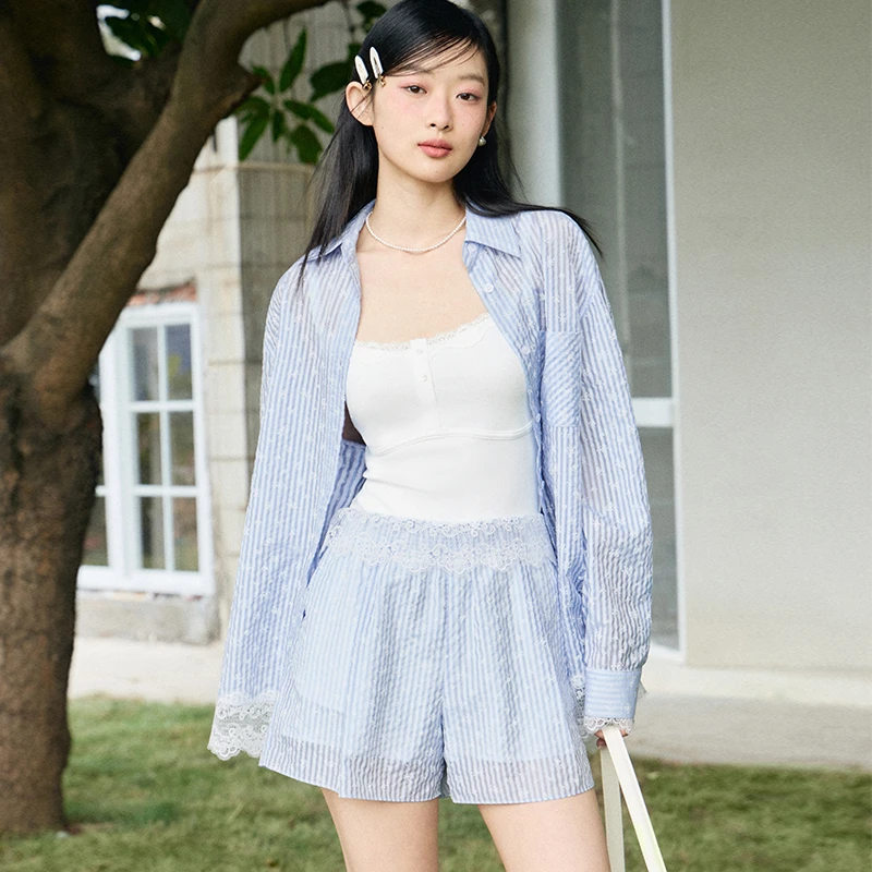 PINPINPLUS「轻氧花漾」轻透浪漫花点条纹衬衫短裤套装PABEB240001Z