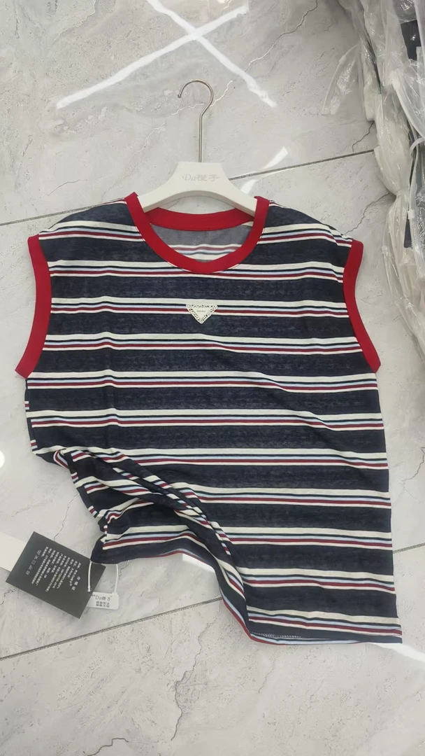 胖丫专属-99920条纹拼色T恤女无袖夏季新款时尚百搭显瘦圆领休闲