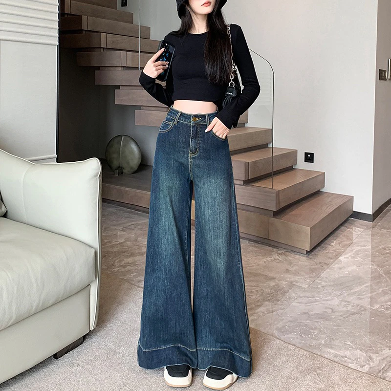 小个子秋新款牛仔裤九分长裤高腰显瘦阔腿直筒微喇裤