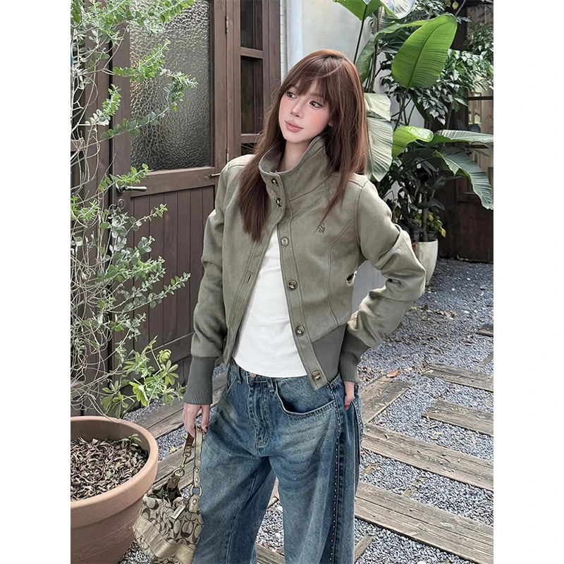 美式复古翻领修身收腰外套女2025春秋季新款休闲简约百搭夹克上衣
