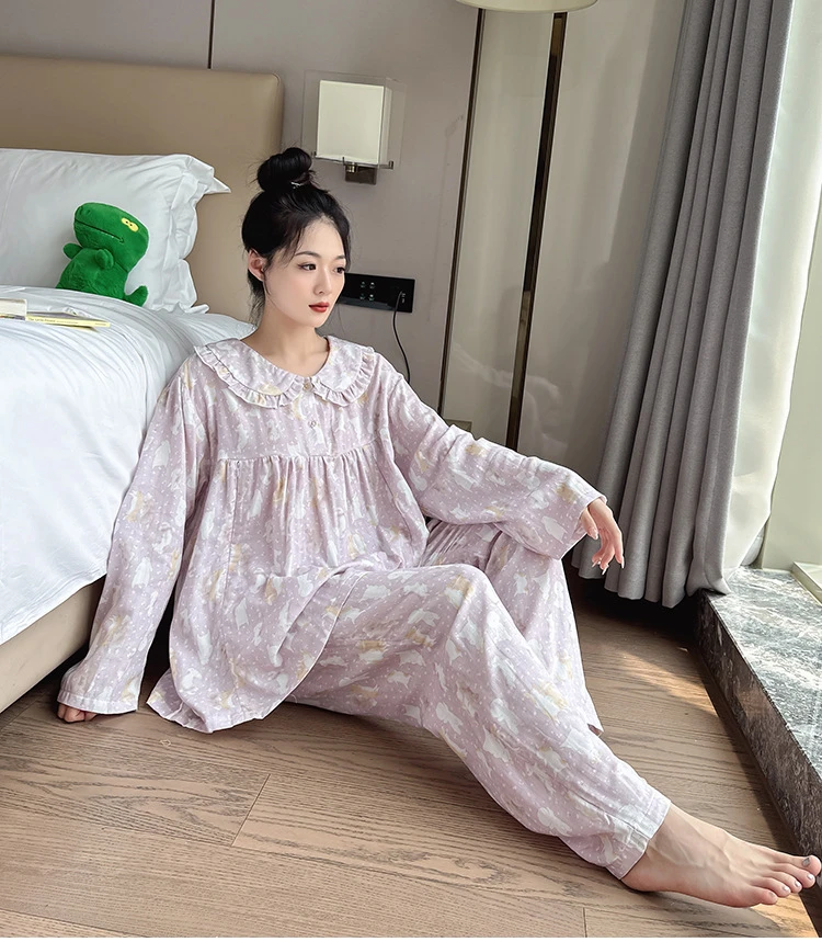 春秋大码纯棉睡衣女哺乳家居服套装卡通印花两件套胖mm200-300斤