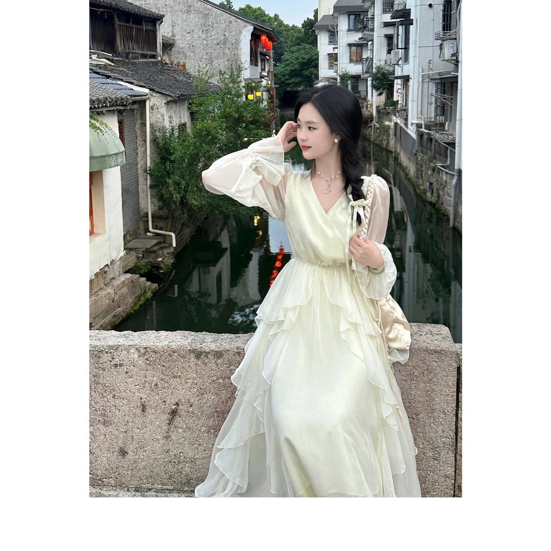 一罐杏仁桃长裙初恋仙女裙温柔风显瘦连衣裙公主裙小白裙舞蹈裙