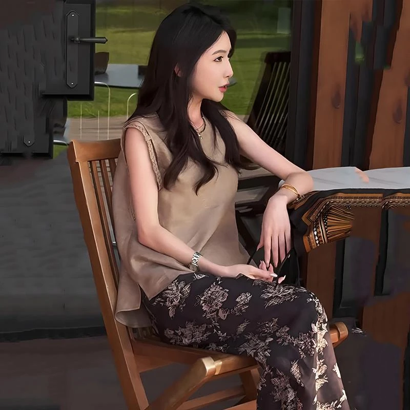 "花溪月"不规则复古圆领无袖背心衬衫夏季宽松显瘦独特别致上衣