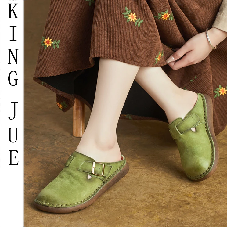 【王爵】真皮夏季新款英伦风真皮平跟软底懒人鞋包头拖鞋通勤日常