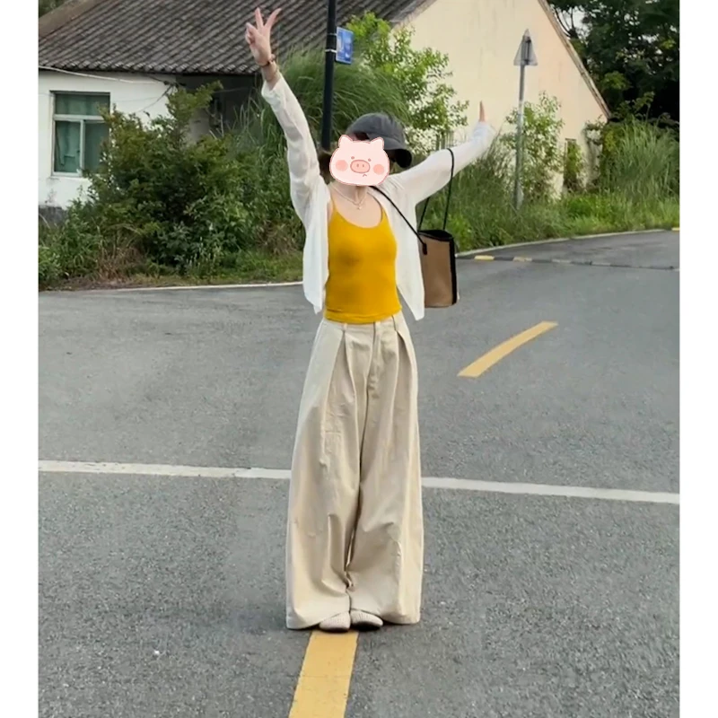 上班通勤穿搭套装女夏季慵懒风防晒开衫内搭小吊带阔腿裤三件套潮