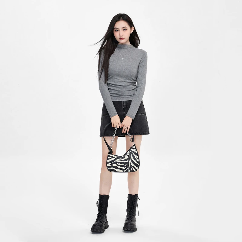 拉夏贝尔秋冬季内搭紧身正肩T恤百搭上衣褶皱设计灰色针织半内搭