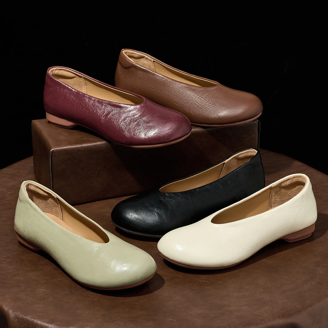 头层牛皮~复古手工女鞋2025春秋新款纯色休闲百搭妈妈鞋真皮软底