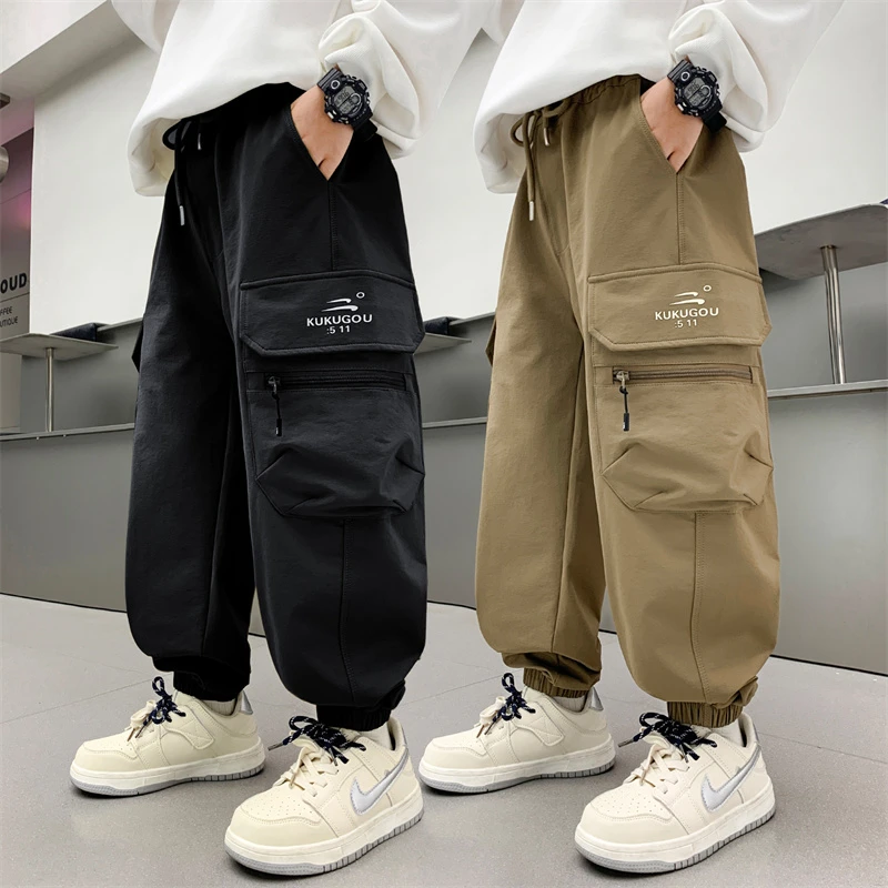 男童工装裤春秋新款卡其黑色儿童大口袋中大童长裤收口潮流痞帅孩