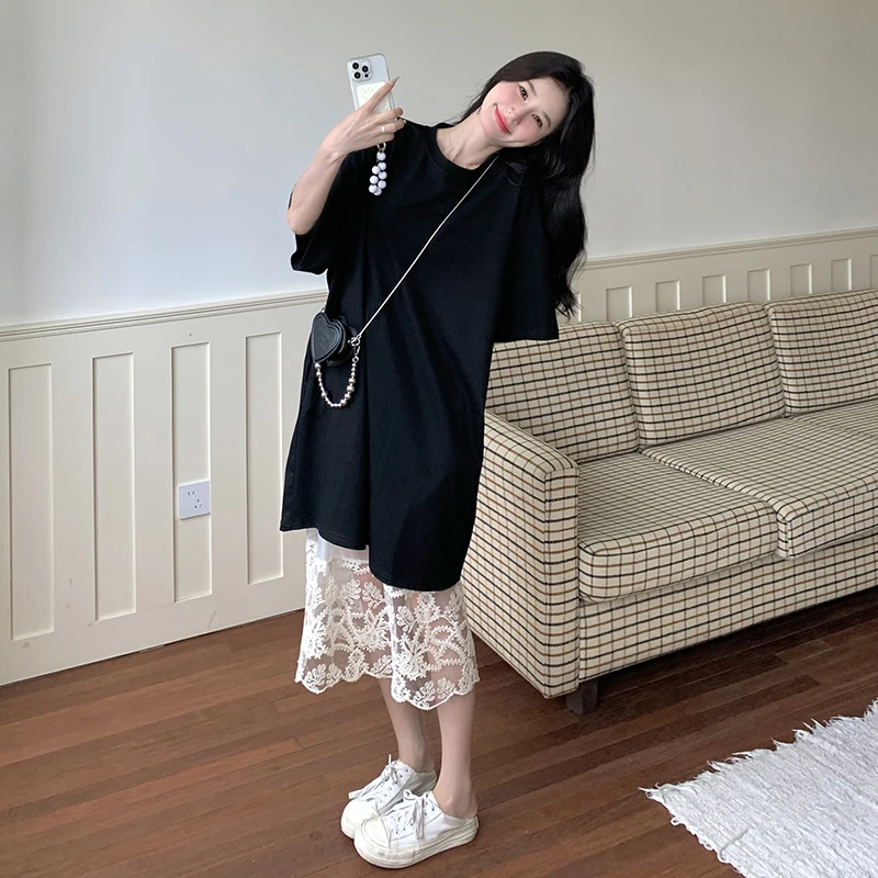 显瘦休闲宽松黑色t恤裙重工艺蕾丝刺绣半身裙两件套T恤连衣裙夏季