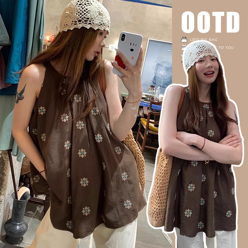 孕妇夏装2025时尚款气质减龄无袖衬衫宽松短袖上衣夏季外穿阔腿裤