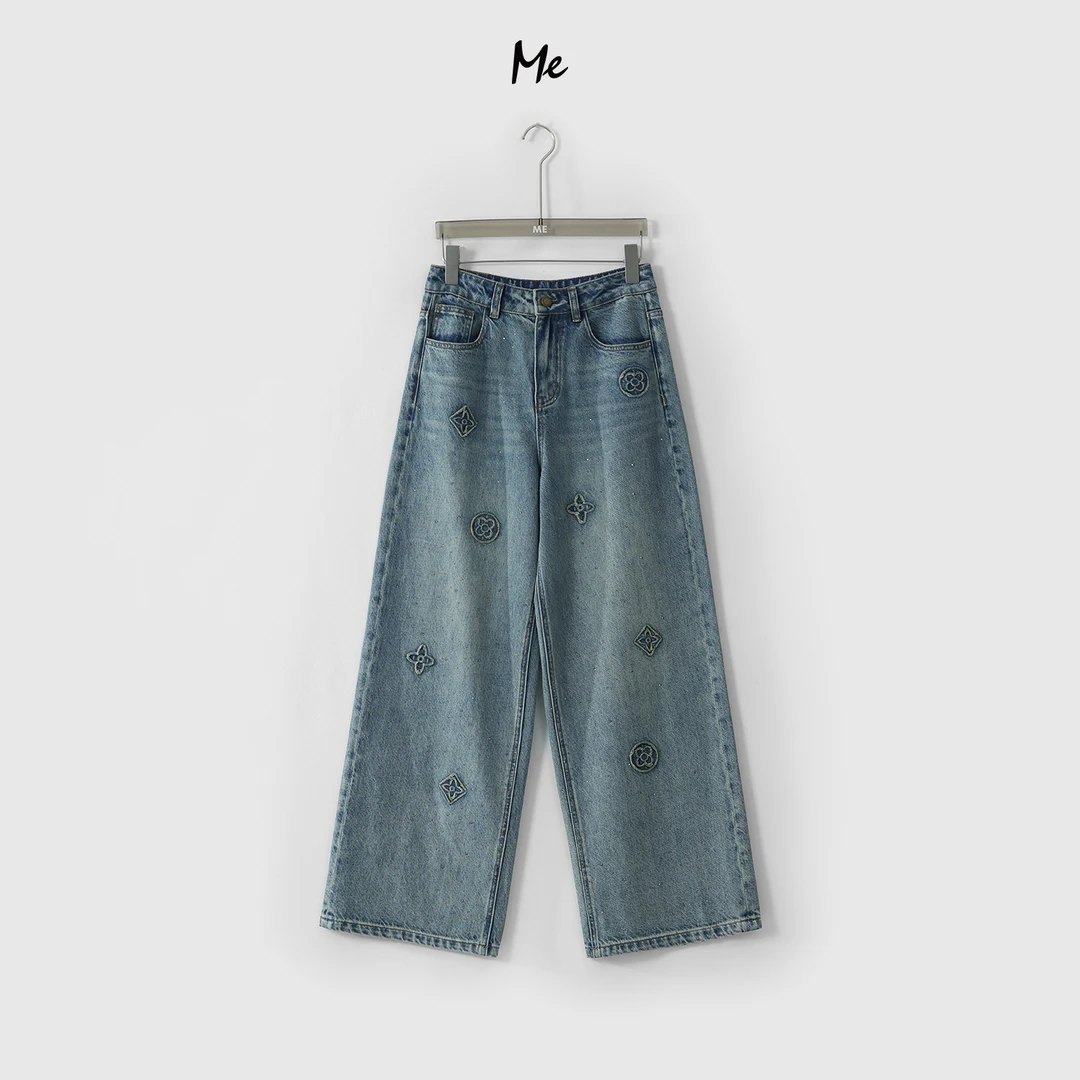 ME【四叶花满天星蓝牛】100棉重工复古水洗高腰时尚牛仔裤MESS1449