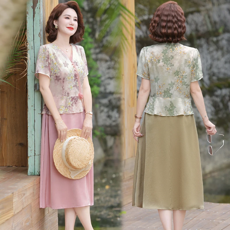 中年妈妈夏装国风连衣裙2025新款洋气中老年女装衣服假两件长裙子