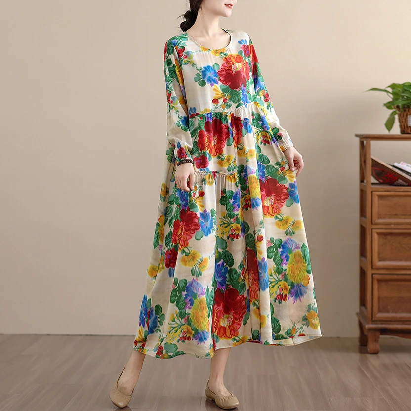 复古印花宽松拼接长袖连衣裙女秋季时尚优雅圆领长袖休闲大摆长裙